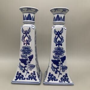 Vintage Andrea by Sadek Blue White Floral Ceramic Candlestick Holders Pair 9”